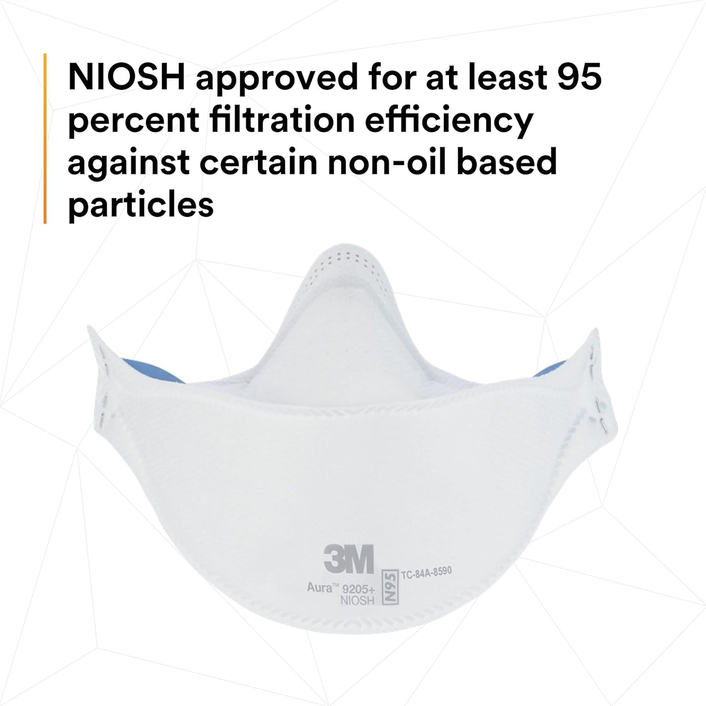 3M Aura Particulate Respirator 9205+, N95, Pack of 20 Disposable Respirators, 3 Panel Flat Fold Design Allows for Facial Movements