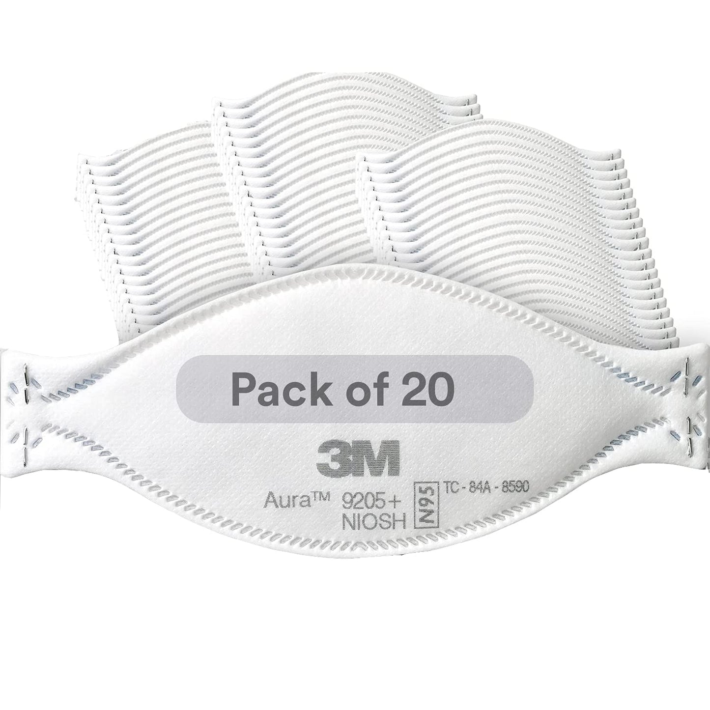 3M Aura Particulate Respirator 9205+, N95, Pack of 20 Disposable Respirators, 3 Panel Flat Fold Design Allows for Facial Movements
