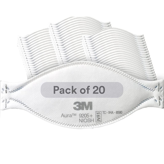 3M Aura Particulate Respirator 9205+, N95, Pack of 20 Disposable Respirators, 3 Panel Flat Fold Design Allows for Facial Movements